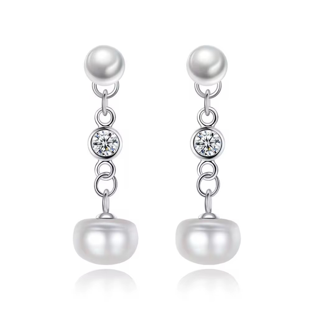 •Luxurious S925 Silver Double Natural Pearl Drop Earrings / Sparkling CZ Accents